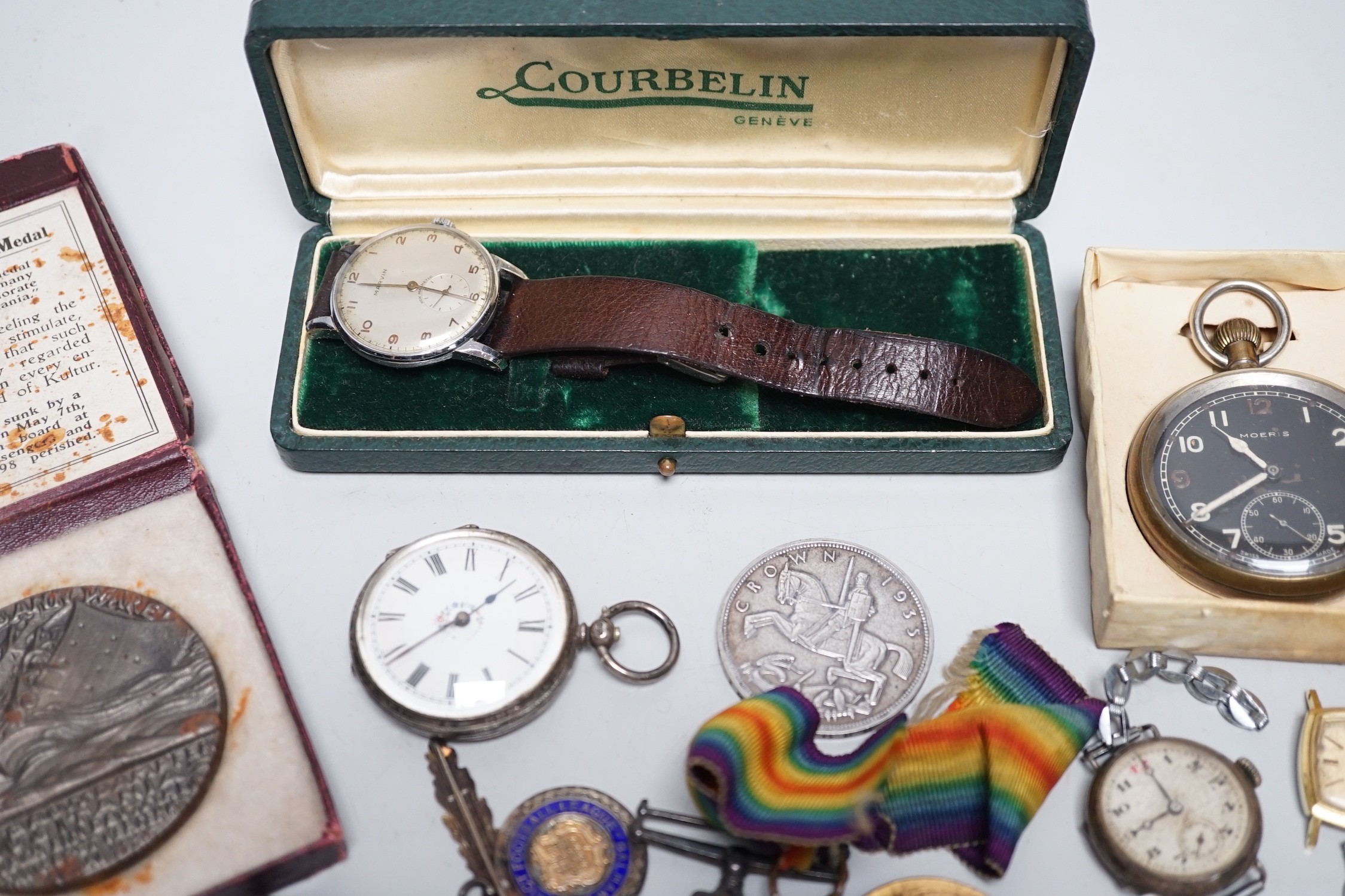 Mixed wrist and pocket watches including a silver cased Audax, a silver cased lady's Jagot and a military Moeris pocket watch, together with assorted medals etc.